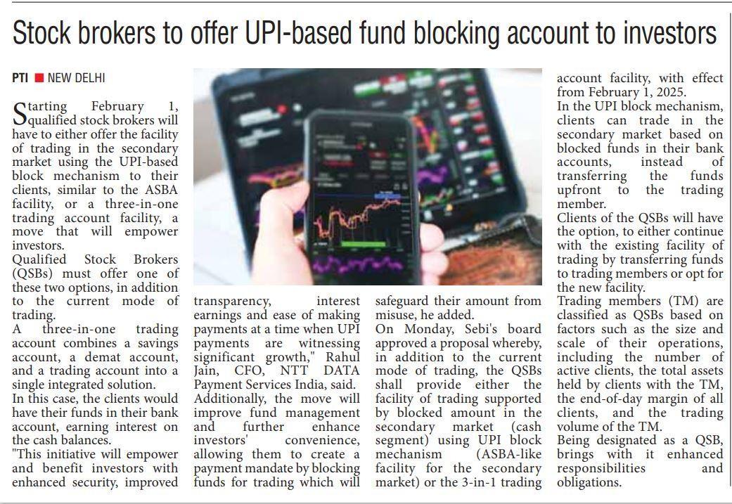 Stock brokers to offer UPI-based fund blocking account to investors