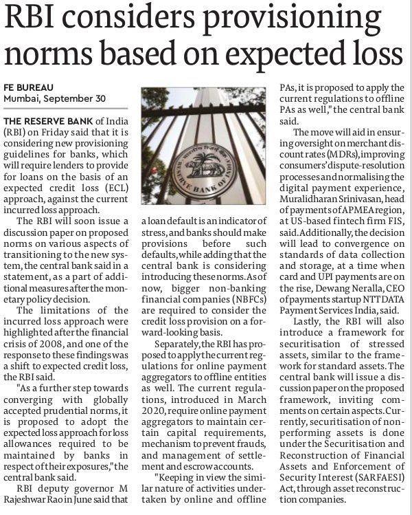 RBI considers provisioning norms based on expected loss