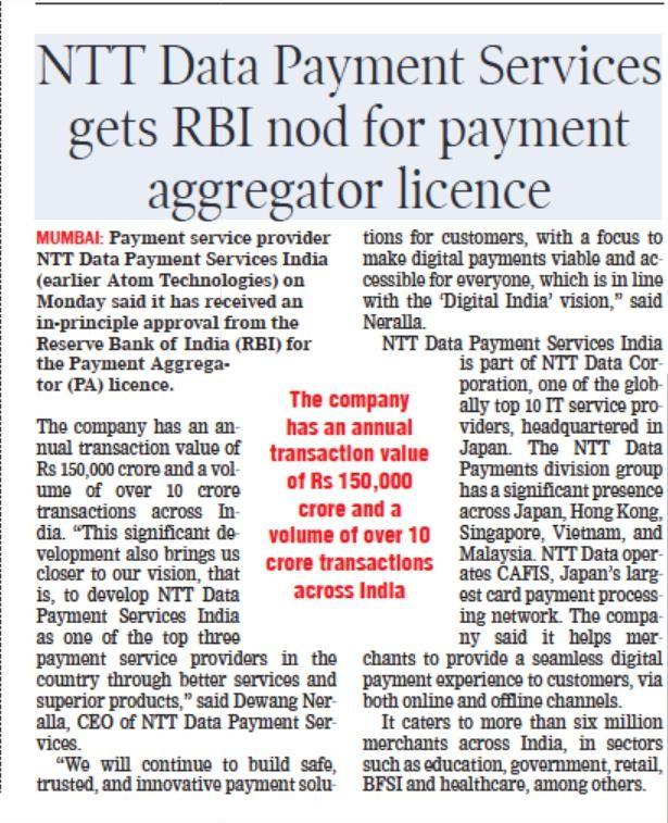 NTT DATA Payment Services gets nod for payment aggregator license