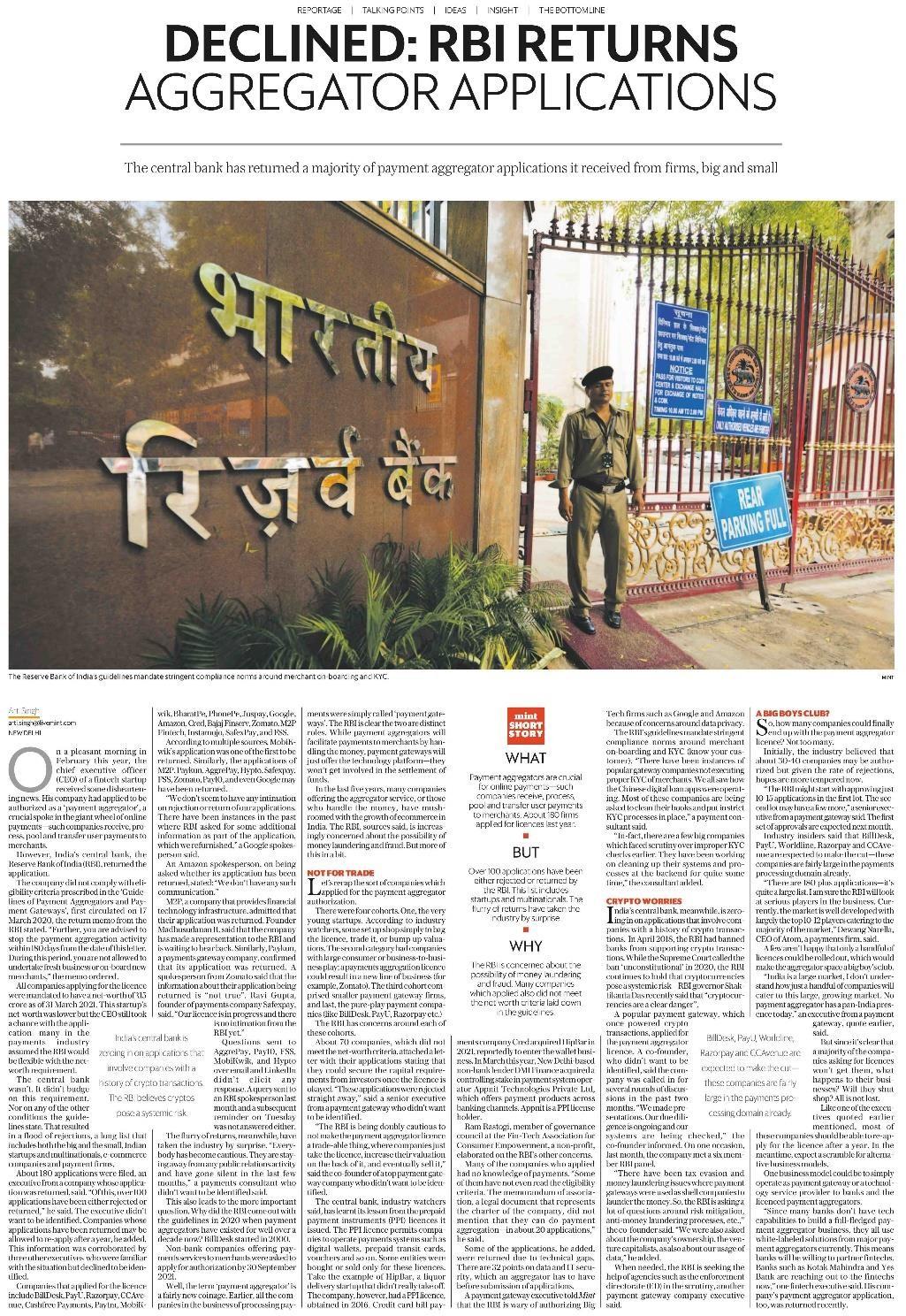 RBI returns aggregator applications