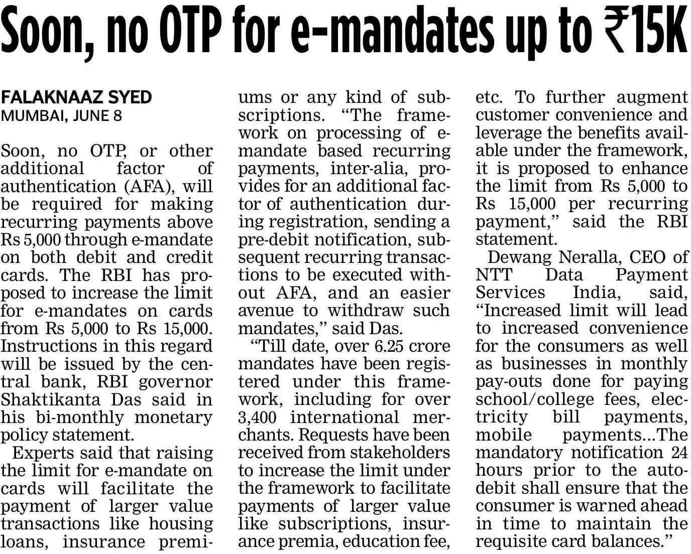 Soon, no OTP for e-mandates up to Rs 15K