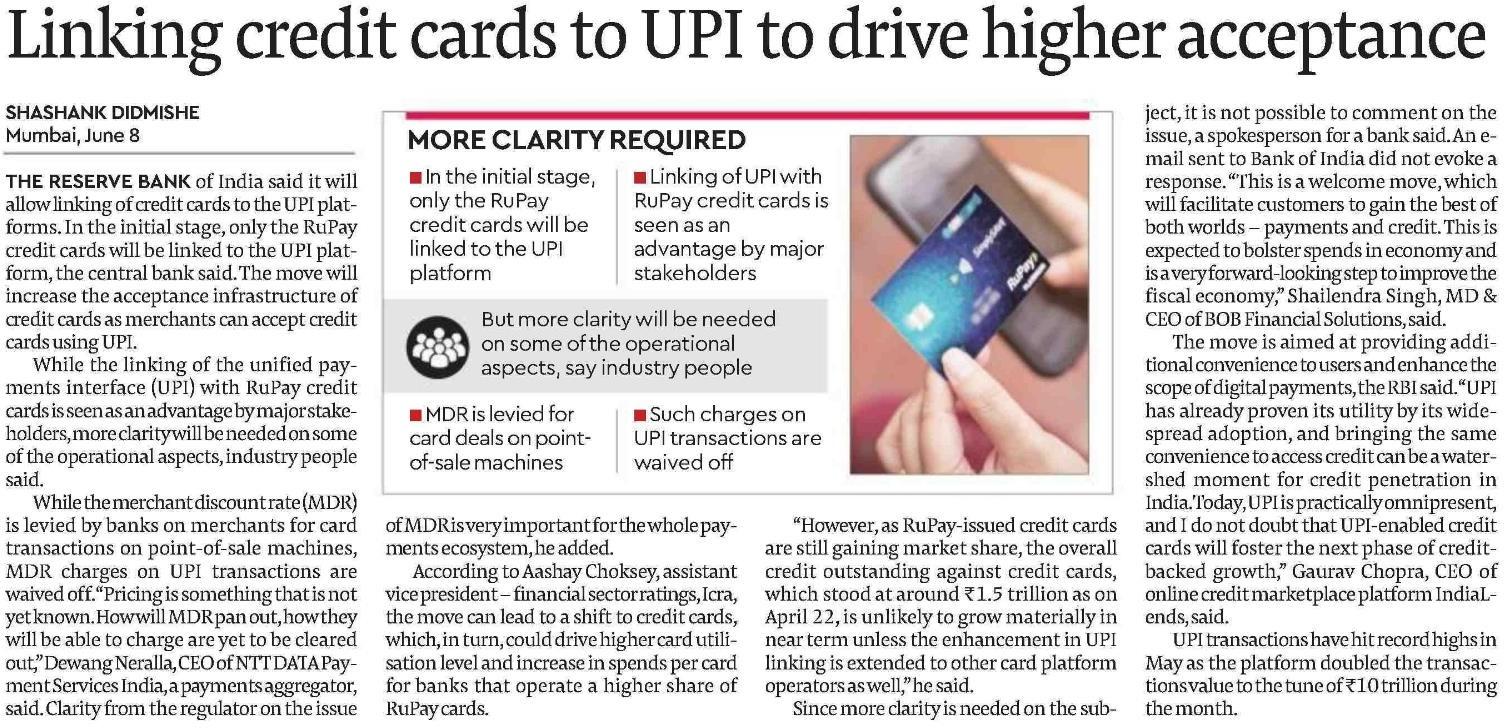 Linking credit cards to UPI to drive higher acceptance