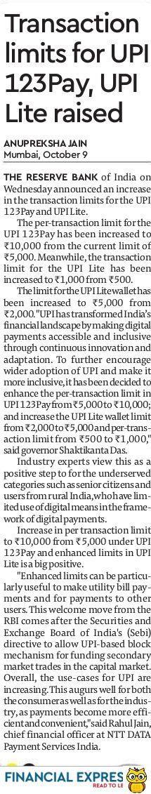 Transaction limits for UPI 123Pay, UPI Lite raised