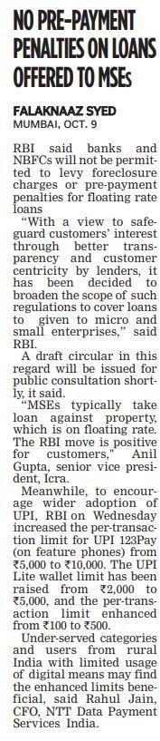 No pre-payment penalties on loans offered to MSMEs