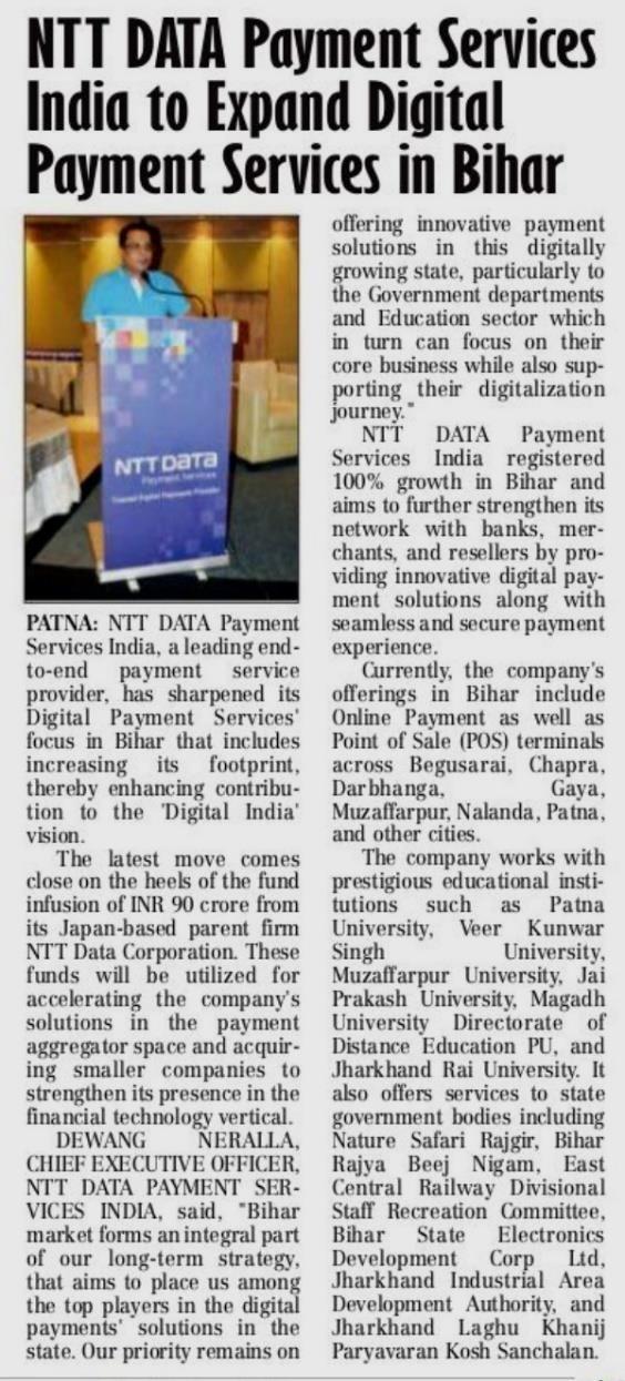 NTT DATA Payment Services India to Expand Digital Payment Services in Bihar