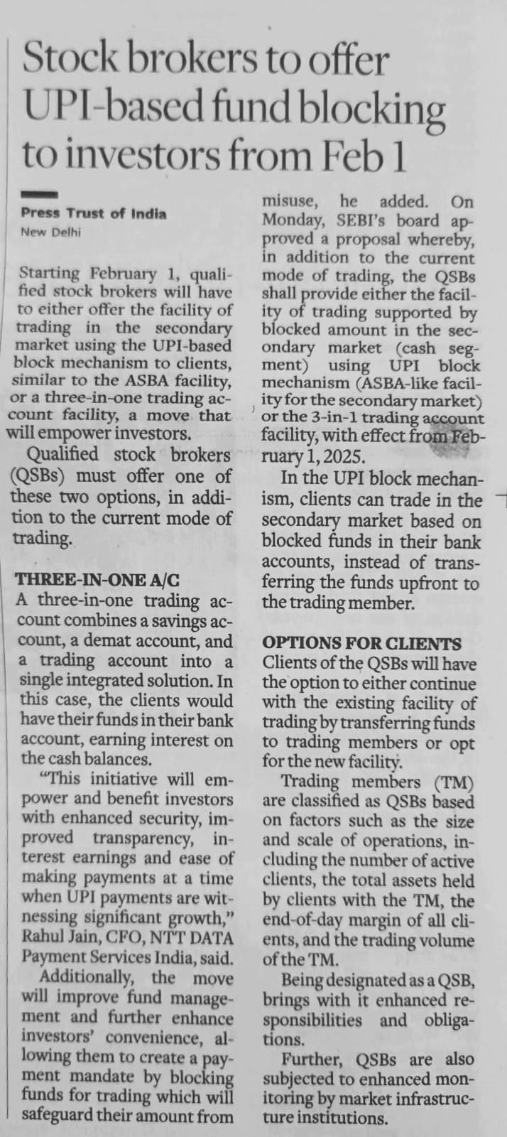 Stock brokers to offer UPI-based fund blocking to investors from Feb 1